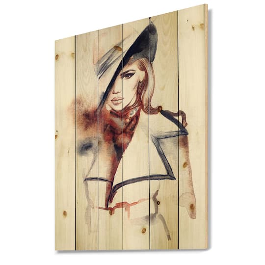 Designart - Fashion Portrait of Woman With Ht - Modern Print on Natural Pine Wood